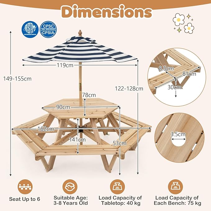 HONEY JOY Kids Picnic Table, Hexagonal Toddler Outdoor Table and Chair Set, 6 Built-in Benches, Removable Umbrella, Fir Wood Children Backyard Furniture for Patio Garden Deck Poolside, Natural