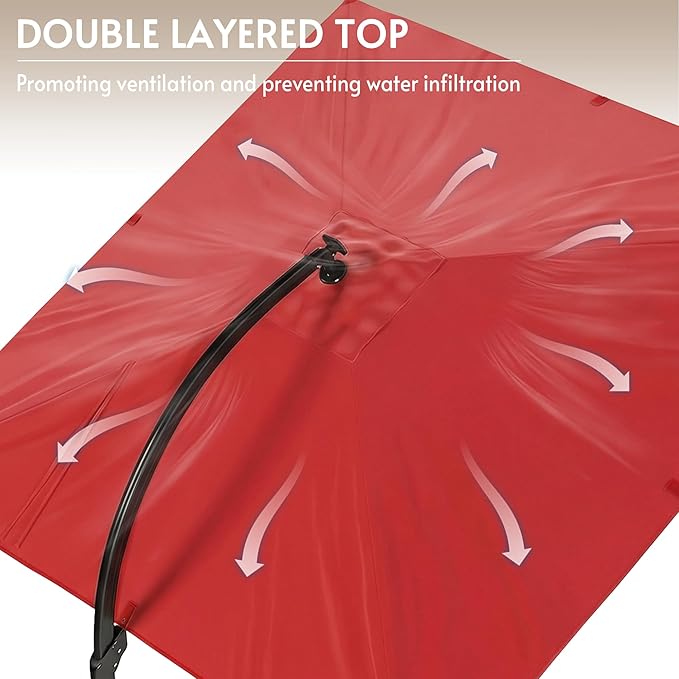 11x11FT Solar Powered LED Light Cantilever Patio Umbrella with Base Included, Large Cantilever Umbrella with 360°Rotation, Heavy-Duty Offset Outdoor Umbrella for Patio,Pool,Backyard (Red)