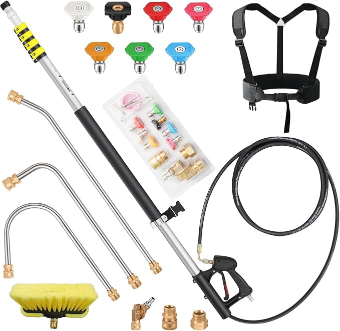 24 FT Telescoping Pressure Washer Wand Extension with Brush Head | Aluminum Power Washer Extension Wand, 7 Nozzle Tips, 3 Adapters & Support Harness, Gutter Cleaning Tools for 2 Story House