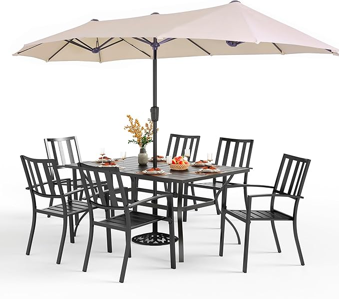 PHI VILLA 7 Piece Patio Dining Set with Umbrella, 60” Rectangular Metal Dining Table & 6 Stackable Metal Chairs & 13ft Large Beige Umbrella for Outdoor, Deck, Yard, Porch