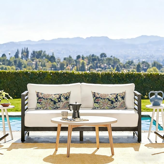 LVTXIII Set of 2 Patio Lumbar Pillow Covers ONLY, 12" x 20" Fade Resistant Outdoor Lumbar Pillow Cases, Decorative Lumbar Cushion Covers for Home Patio Sofa Use, Paisley Sapphire Blue