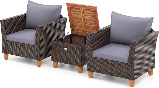 Tangkula 3-Piece Patio Furniture Set, Patiojoy Outdoor PE Wicker Bistro Set with Soft Cushions and Solid Acacia Wood, Outdoor Conversation Set with Porch, Balcony and Garden (Gray)