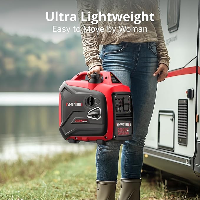 AMERISUN 2500-Watt Inverter Generator, Super Quiet & Lightweight Gas Powered Generator, CO Sensor, RV Ready Parallel Capable, Long Run Time for Camping, Tailgating and Home Use