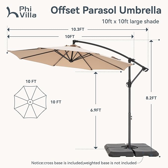 PHI VILLA 10ft Offset Patio Umbrellas with Base Included, Outdoor Market Hanging Umbrella with 8 Ribs for Deck Pool Porch Backyard, Beige