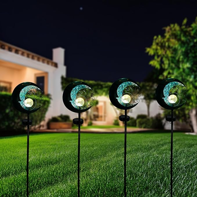 Solar Moon Lights Outdoor Garden Decorative Lights Waterproof Crackle Glass Globe Metal Stake Yard Decorations for Lawn Patio Backyard Ornaments Gifts for Birthday,Mothers Day Grandma (1pc)
