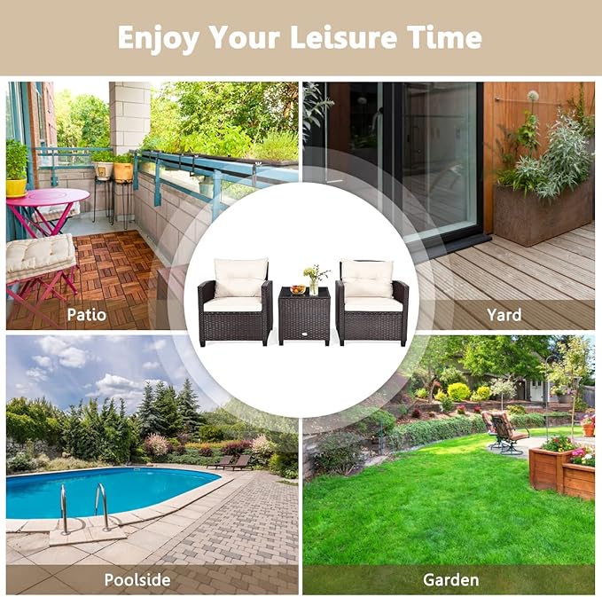 Modern Beige 3-Piece Wicker Patio Furniture Set with Water-Resistant Cushions & Tempered Glass Table