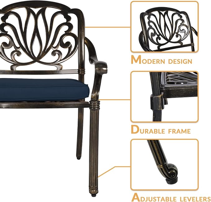 7-Piece Outdoor Patio Dining Set, 60” Rectangular Cast Aluminum Dining Table with Umbrella Hole and 6 Outdoor Dining Cushioned Chairs, Patio Funiture Set for Backyard, Patio, Garden, Navy