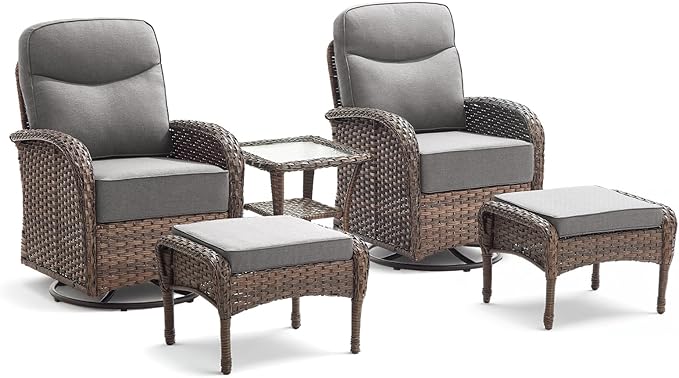 5 Pieces Luxury Patio Furniture Sets with 6-Inch Thick Cushions, High Back Swivel Outdoor Rocking Chairs Set of 2 with Multifunctional Ottoman, Wicker Conversation Set for Porch Garden, Gray