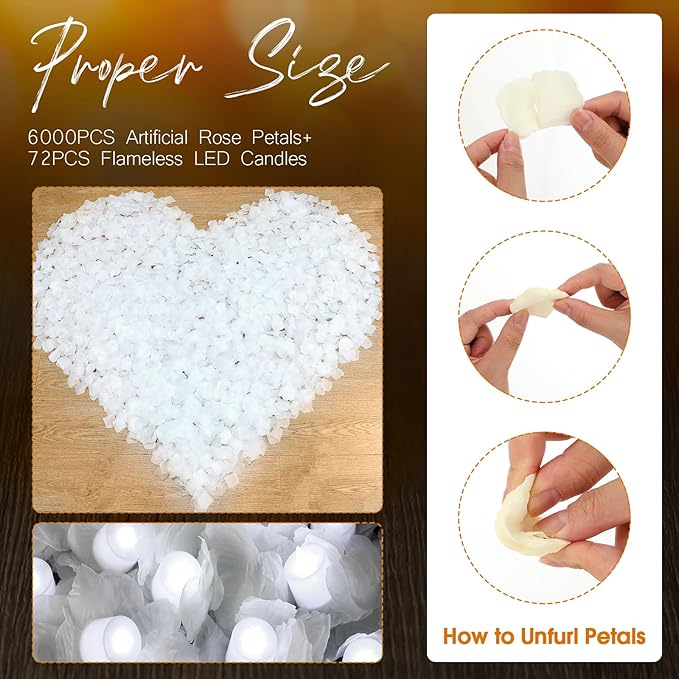 Coume 6000 Pcs Artificial Rose Petals with 72 Pcs Flameless LED Candles Romantic Decorations Fake Candles Anniversary Decorations for Valentine's Day Wedding Night(White)
