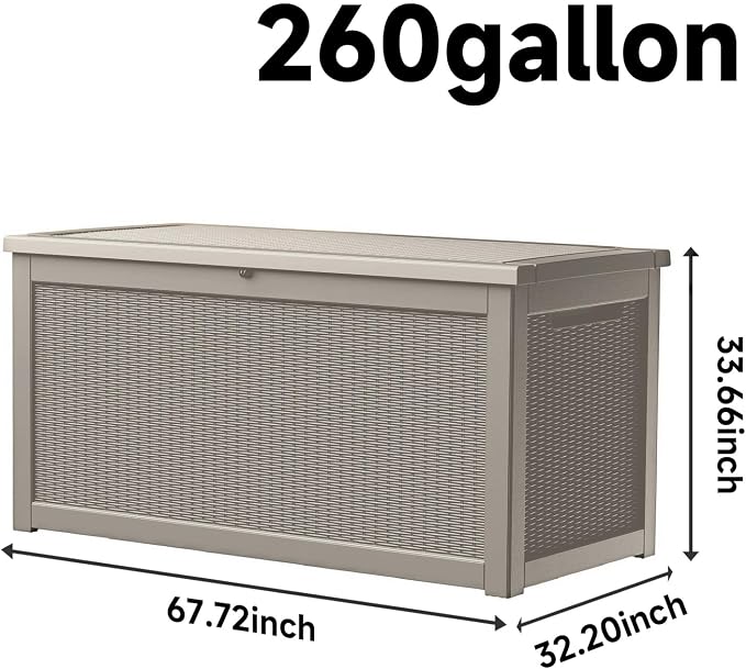 Resin Deck Box, Lockable Patio Outdoor Storage Box for Furniture, Garden Tools and Tools Storage, Waterproof Outside Storage Boxes (Grey, 260 Gallon)