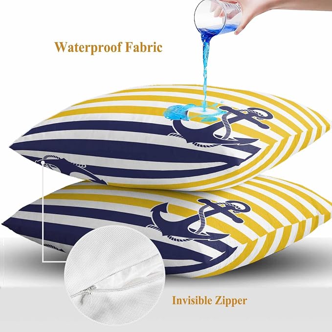 Throw Pillow Covers 24x24 Inch Set of 2, Yellow Striped Waterproof Outdoor Cushion Covers, Navy Blue Nautical Anchor Geometric Decorative Pillowcases for Couch, Sofa, Bed, Garden, Patio