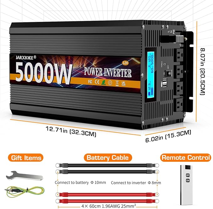 5000 Watt Power Inverter 12V DC to 110V 120V Converter for Family RV Off Grid Solar System Car with Type-C Ports 3 AC Power Outlets Dual USB Ports LCD Display Wireless Remote Control