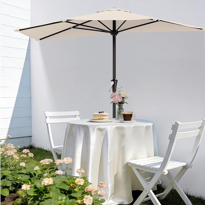 AreShark 9FT Half Patio Umbrella, Outdoor Wall Umbrella with Crank & 5 Sturdy Ribs, Table 1/2 Umbrella Patio for Garden, Deck, Balcony and Pool, Cream White