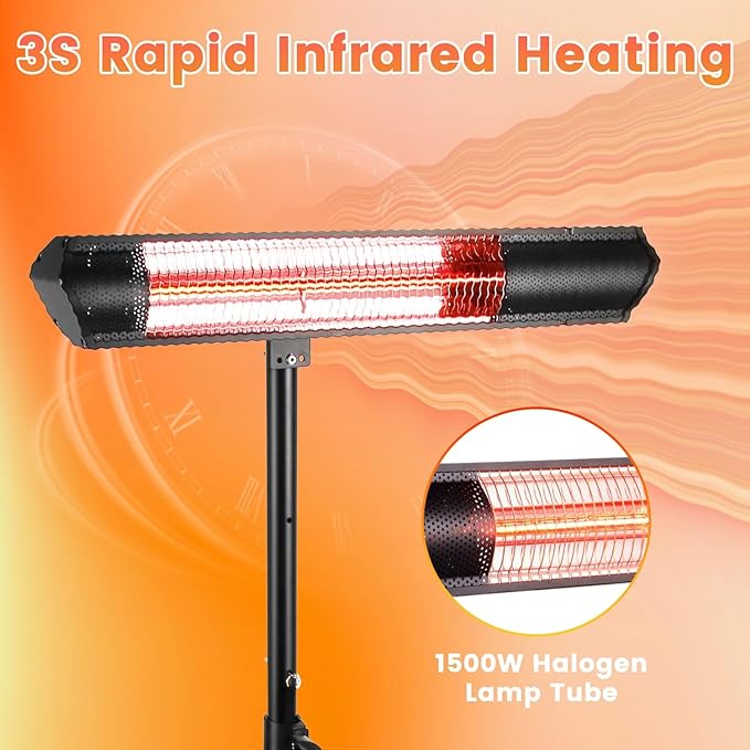 Outdoor Heaters for Patio, 1500W Infrared Heater with Stand, IP65 Waterproof Electric Patio Heater Tripod Wall Mount, 3 Heating Levels, Remotes, Timer for Garage Yard Home