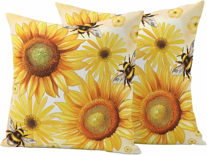 Outdoor Throw Pillow Covers,Rustic Sunflower Yellow Flower Waterproof Decorative Pillowcases Cushion Cover Spring Farmhouse Floral Bee Pillow Cases for Patio Couch Sofa Bed,26x26in Set of 2