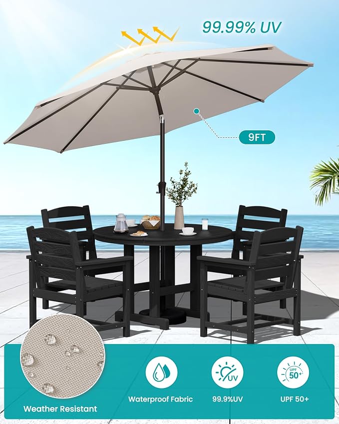 SERWALL Outdoor Round Dining Sets with Umbrella, HDPE Patio Table and Chairs Furniture Set, 45" Round Dining Table & 4 Dining Chairs & 1 9FT Umbrella, Black(Not Include Umbrella Base)