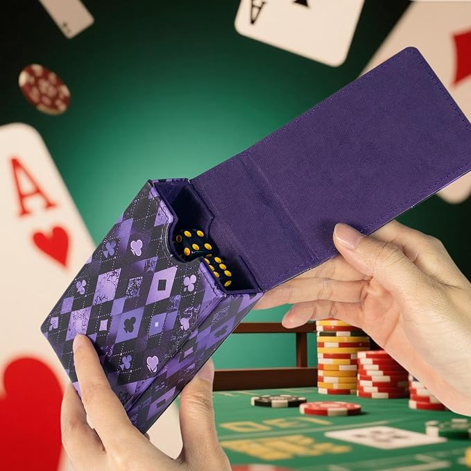 Leather Playing Card Box/Case, 4.7''x3''x1.3'' Deck of Cards Holder - Fits Bridge Cards, Playing Card Storage Box for Outdoor Travel Gaming (Purple)