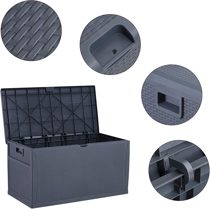Leisurelife Plastic Deck Box Wicker 120 Gallon, Gray - Water-resistant Storage Container Outdoor Patio Garden Furniture