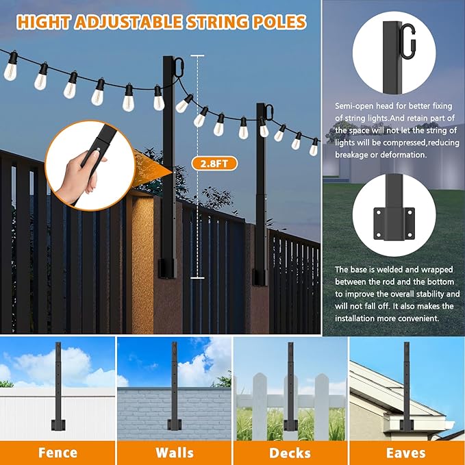 LETIANPAI 2.8Ft String Light Poles 4 Pack,Light Poles for Outside Lights,Outdoor with Fence Brackets Hanging Lights,Metal Stand Deck Patio Backyard