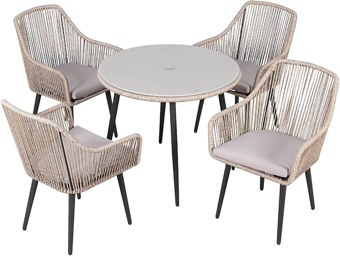 JOIVI 5 Piece Outdoor Dining Set, Wicker Patio Furniture Dining Table and Chairs Set with Cushions for 4 People, Tempered Glass Tabletop with 2.16” Umbrella Hole, for Lawn, Backyard, Garden