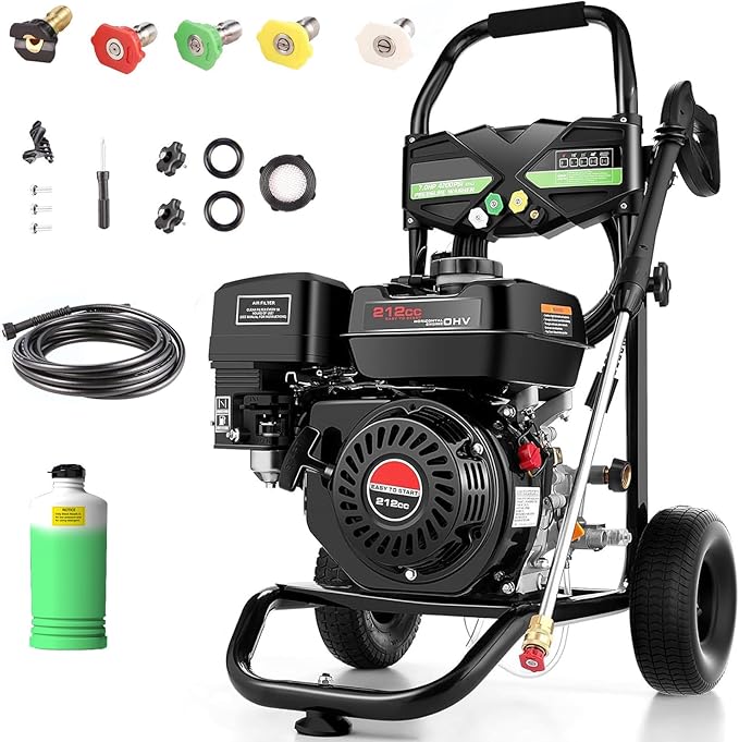 4200PSI Gas Pressure Washer, 2.8GPM Commercial Power Washer Gas Powered, 212cc 7.0 HP Engine,Includes 0.7L Soap Tank,5 QC Nozzles,25’ Hose,Car Wash Machine/Car/Driveway, EPA/CARB/ETLCompliant (Black)
