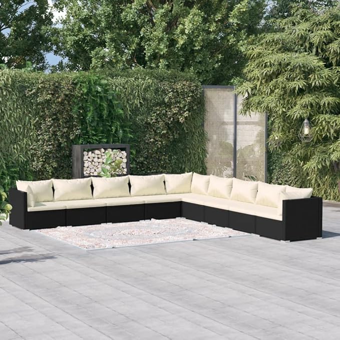 9 Piece Patio Lounge Set with CushionsOutdoor Dining Chairs,Patio Furniture Set,Outdoor Sectional Sofa,Patio Conversation Seat,Outdoor Seating,Modern Style,for Garden,Backyard, Poly Rattan Black
