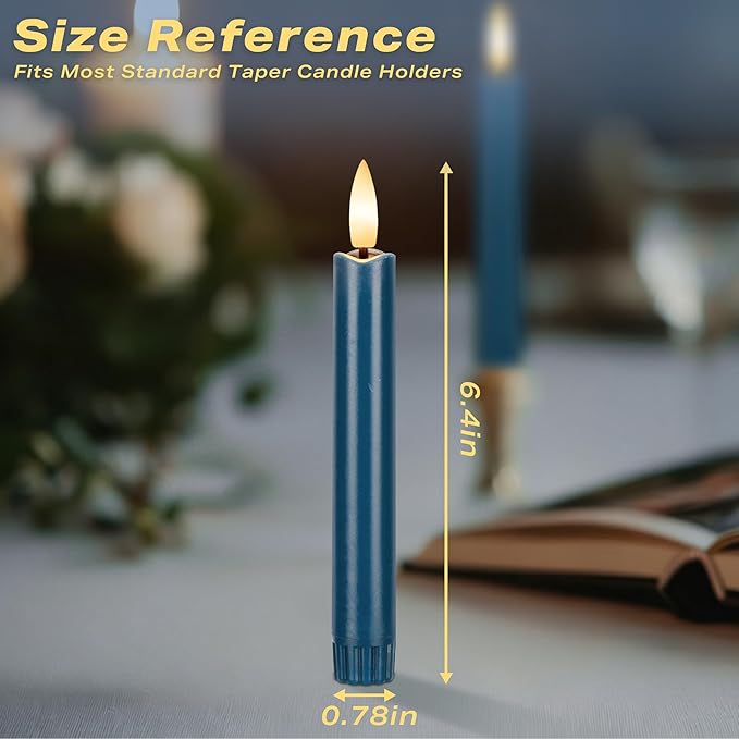 Blue Flameless Taper Candles with Remote, Short Battery Operated LED Candles, 6.4inch Flickering Flameless Candlesticks for Table Centerpiece, Wedding, Mantel, Window Decor, Set of 6