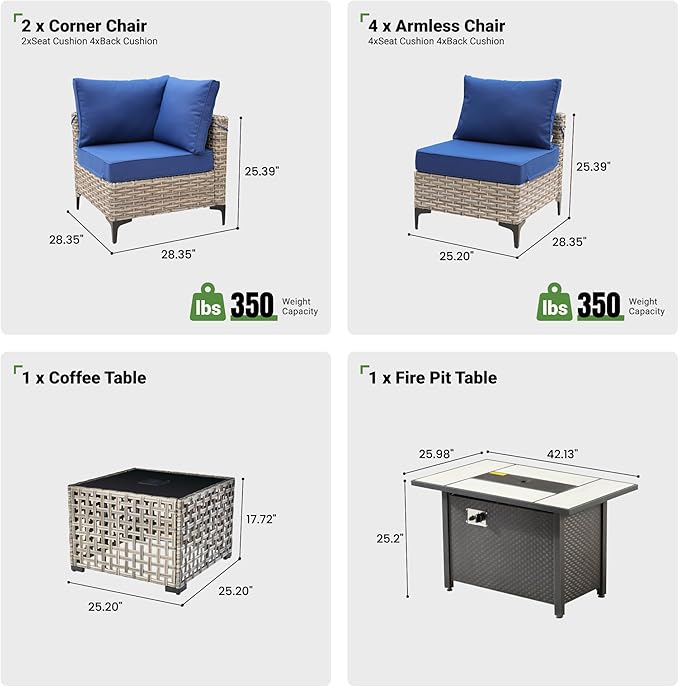8 Pcs Patio Furniture with Fire Pit Table, Outdoor Rattan Wicker Conversation Set with Glowing Coffee Table, Comfy Sectional Sofa for Porch Balcony Backyard Pool, Blue