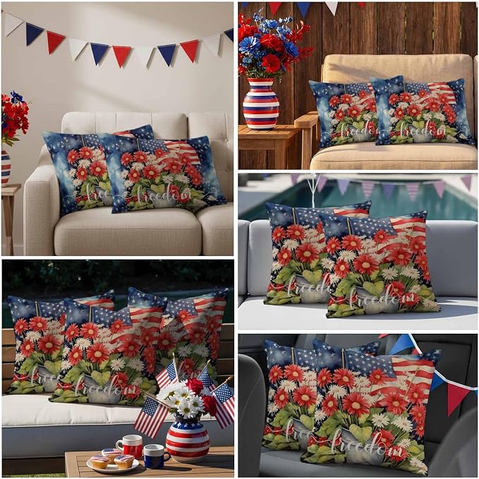 Independence Day Patriotic Flag Outdoor Pillow Covers 16x16in Pack of 2 Waterproof Pillowcase Blossom Flower Green Leaves Decorative Throw Cushion Case for Patio Couch Sofa