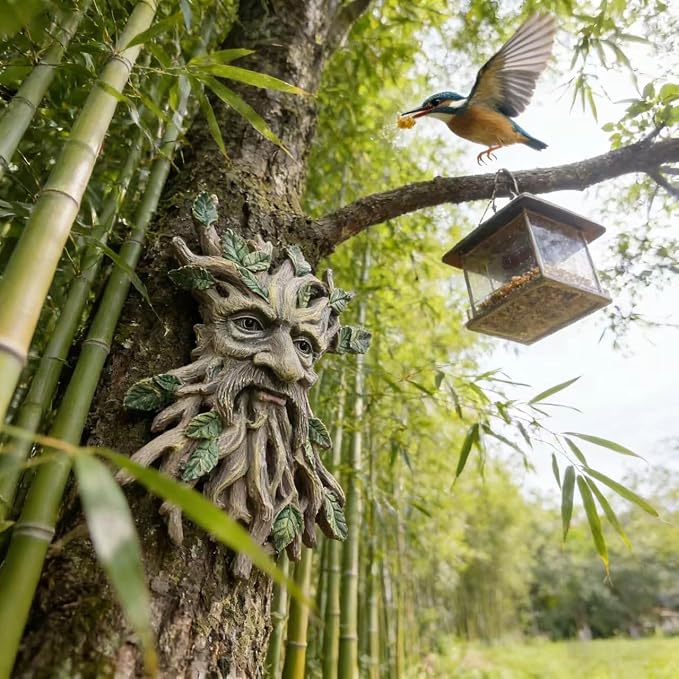 Whimsical Tree Face Garden Decoration ，Tree Faces Decor Outdoor Wallmounted Statue Art with Leaf Features, Outdoor Decor Garden Accessory (Nature and Outdoors)