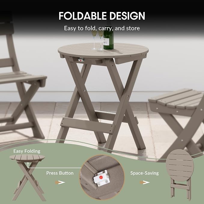 WestinTrends Malibu HDPE Outdoor 24.5 Inch Round Portable Folding Patio Dining Table, Weathered Wood
