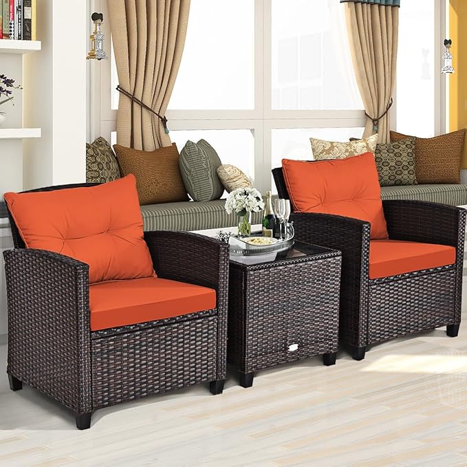 Tangkula 3 Pieces Patio Furniture Set, PE Rattan Wicker 3 Pcs Outdoor Sofa Set w/Washable Cushion and Tempered Glass Tabletop, Conversation Furniture for Garden Poolside Balcony (Orange)