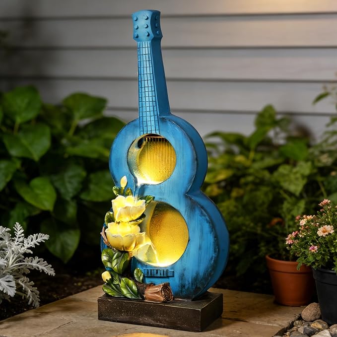38.2" H Guitar-Shaped Outdoor Water Fountain with LED Lights, 4-Tier Cascading Waterfall Water Feature with Rustic Floral Accents for Outside, Patio, Balcony, Garden, Yard and Home Art Decor
