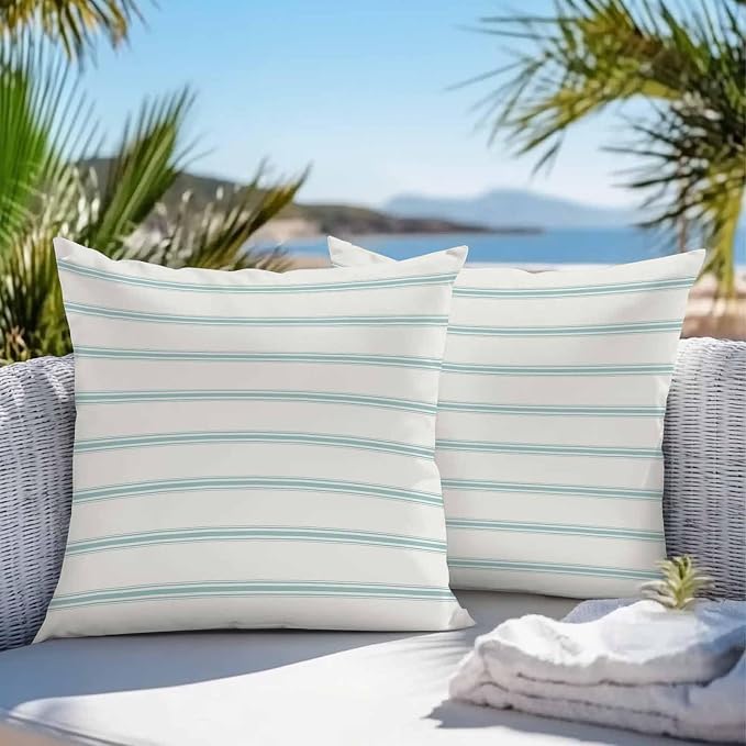 Vandarllin Outdoor Throw Pillows Covers 26x26 inch Set of 2 Waterproof Teal Blue Stripes Decorative Zippered Cushion Covers for Patio Furniture, Abstract Lines Striped Lumbar Pillowcases