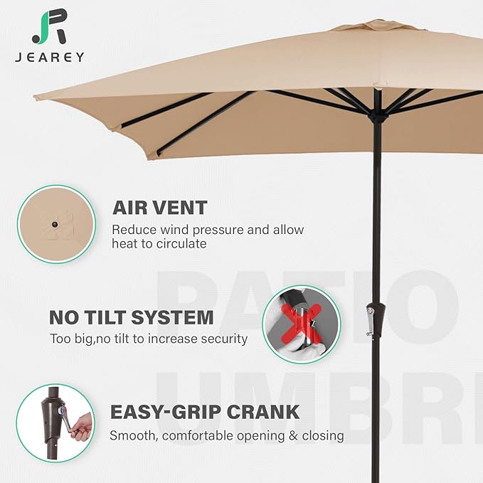 JEAREY 8x10 ft Rectangular Patio Umbrellas Outdoor Table Market Umbrella w/Crank, 8 Sturdy Ribs, UV Protection Windproof Sunproof for Garden, Deck, Backyard, Pool(Beige)