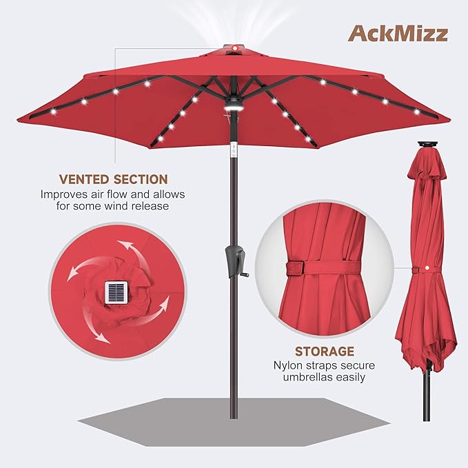 7.5ft Solar Umbrella Outdoor - Lighted Solar Patio Umbrella with 24 LED Lights Waterproof UV Protection, Table Umbrella with Tilt for Pool, Porch, Garden, Deck, Backyard (Red)