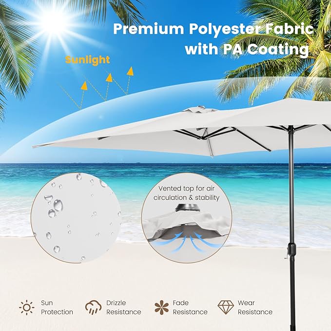 Tangkula 15 FT Double-Sided Patio Umbrella with Crank Handle, Vented Tops, Large Outdoor Rectangle Market Twin Umbrella with 10-Rib Metal Structure, Table Umbrella for Poolside Deck Lawn Garden