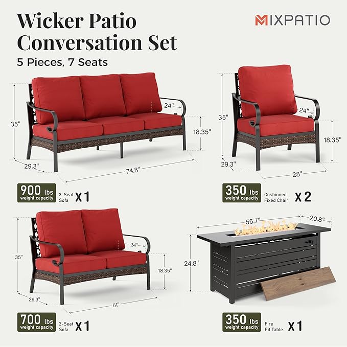 Patio Furniture Set with Fire Pit Table, Metal Outdoor Conversation Set with 5.75'' Extra Thick Cushion, Loveseat Sofa, 2 Leg Chairs, 3-Seat Sofa and Gas Fire Pit Table, Red