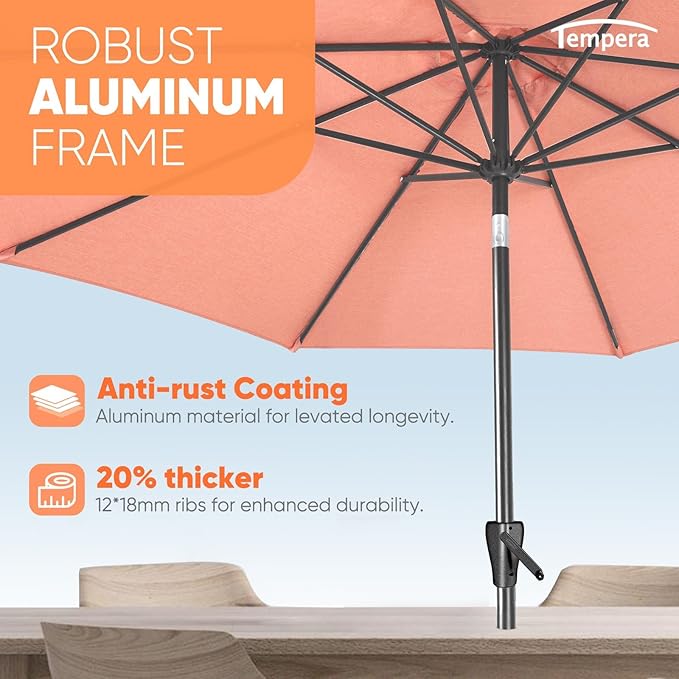Tempera Patio Market Outdoor Table Umbrella with Push Button Tilt and Crank, Large Sun Umbrella with Sturdy Pole & Fade Resistant Canopy, Easy to Set