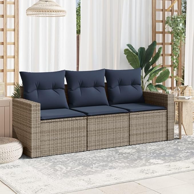 vidaXL Patio Sofa Set with Cushions 3 Piece, Outdoor Sectional Sofa, Conversation Set for Balcony Garden, Patio Furniture, Gray Poly Rattan