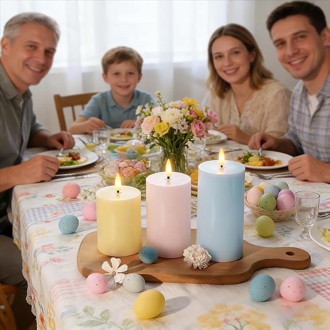 Flameless Easter Candles with Remote, Battery Operated Pastel Spring Candles for Home & Table Decor, Realistic Flickering LED Pillar Candles for Easter & Spring Decor Set of 3