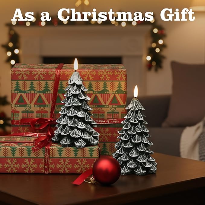 Christmas Tree Flameless Candles with 6H Timer, 2 Pcs Battery Operated LED Pillar Candle with Flickering 3D Wick, White Flocked Decoration Green Candles for Home Décor Christmas Gifts