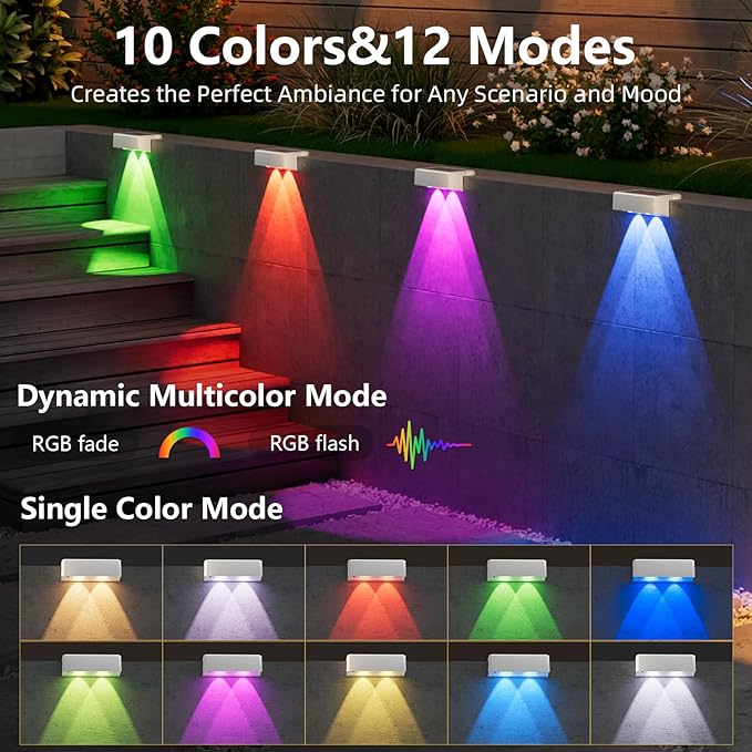 VOLISUN Solar Deck Lights 12 Pack, Warm White, Cool White and RGB Color Glow LED Large Size Lamp, IP65 Waterproof Solar Fence Lights Outdoor for Step, Patio, Fence, Railing, Wall, Stairs