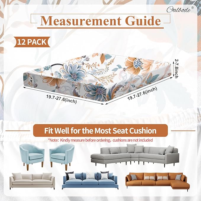 CALBODE 12Pcs High Elastic Digitally Printed Sofa Seat Cushion Cover for Fall Decor, Soft Reusable Floral Stretch Couch Cushion Slipcover for Outdoor Furniture Protector Replacement, All-Season
