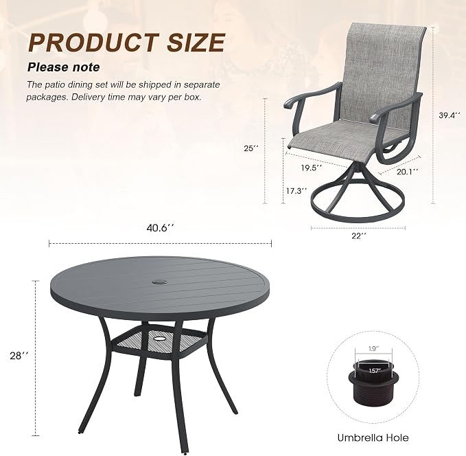 VICLLAX Patio 5 Pieces Outdoor Dining Set, 40.6" Round Metal Table with Umbrella Hole and 4 Swivel Textilene Chairs for Lawn, Garden, Porch, Grey