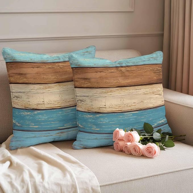 Farmhouse Light Blue Brown Outdoor Waterproof Pillow Covers, Vintage Wooden Striped Decorative Square Throw Pillowcase Sofa Cushion Sham for Patio/Couch/Chair, 16"x16" 2 Pack