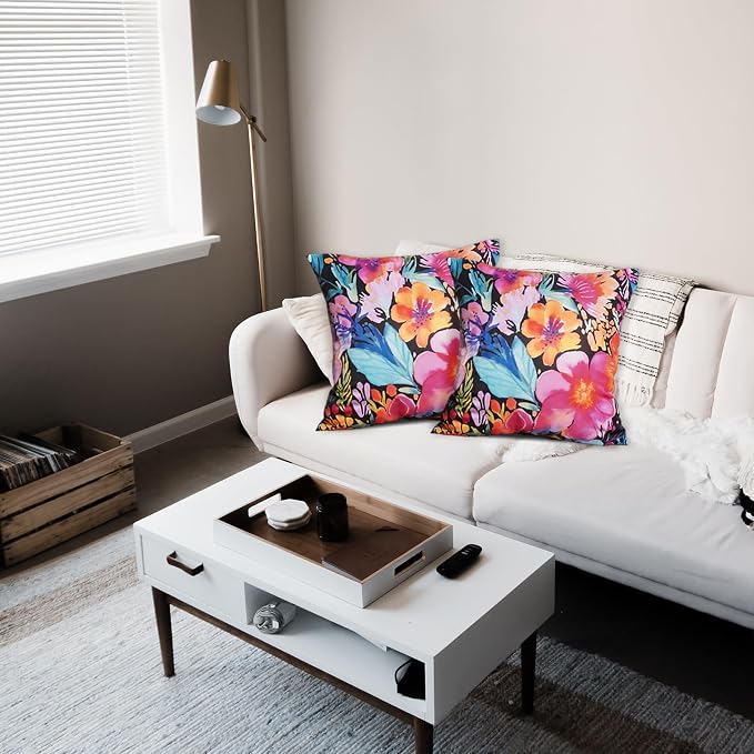 TAJWE Outdoor Pillow Covers 18x18 Inch Set of 2 Black Floral Waterproof Throw Pillowcases Modern Farmhouse Decorative Square Cushion Cases for Patio Furniture Garden Bench Porch Decor