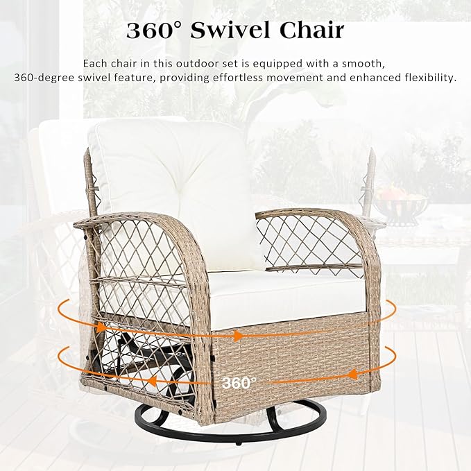 3-Piece Outdoor Chair&Table Set Chat Set, Outdoor Patio Set Modern Rattan Chair Furniture Sets with Two Swivel Chairs and a Square Table 2-Person Rattan Seating Group for Garden, Balcony, Natural