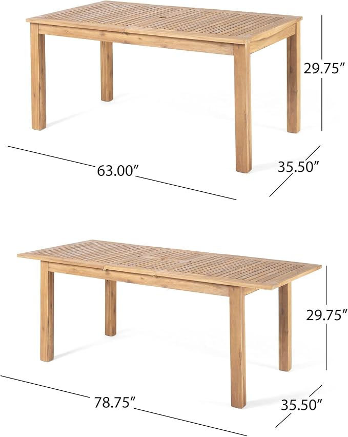 Merax Outdoor Rectangular Dining Table Set for 6, Acacia Wood 63"-78.75" Expandable Table with 2" Umbrella Hole + 2 Armchairs + 4 Armless Chairs, with Water-Resistant Cushions, Natural + Beige