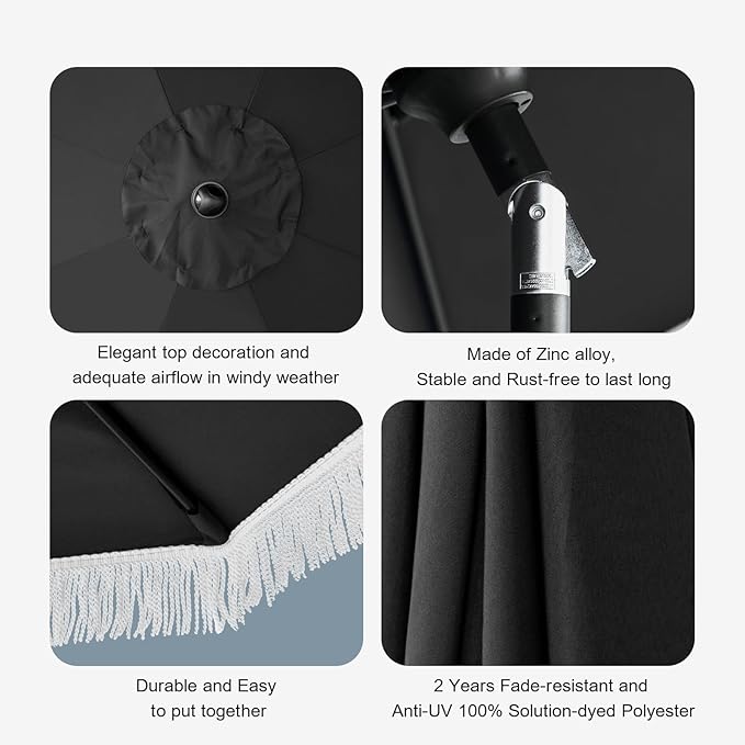 Tempera 9ft Auto Tilt Patio Umbrellas with Fringe, Outdoor Market Umbrellas with Fade Resistant Canopy, 8 Sturdy Rids, Luxurious Vintage Umbrellas for Lawn, Pool, Deck, Balcony